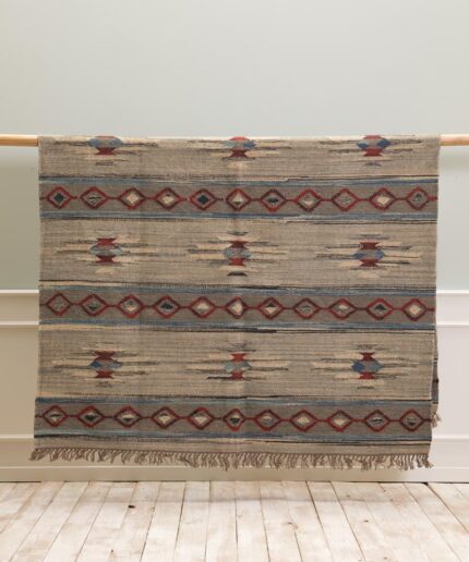 red and blue wool and cotton kilim rug