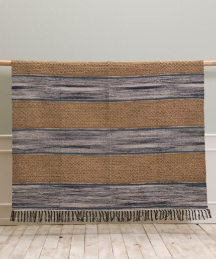 Ocher and blue striped braided rug